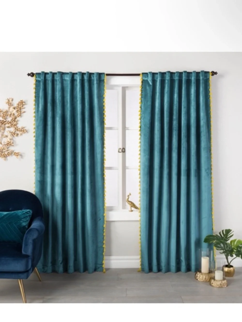 Opalhouse Green Velvet Window Curtain Panel with Gold Trim - Home Accents